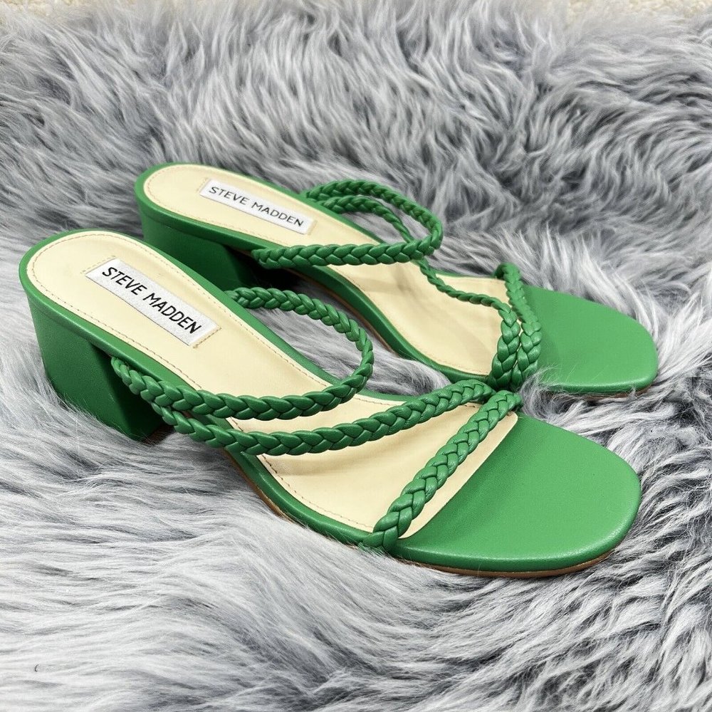 Steve Madden Kelly Green Woven Strap Block Heel Sandals Women's 7.5 New